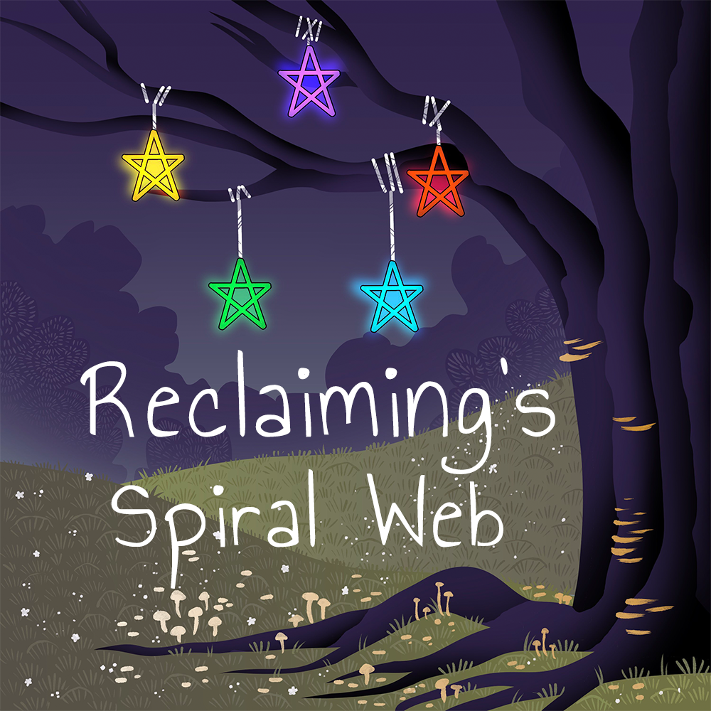 Spiral Web Podcast logo with tree and purple night sky.